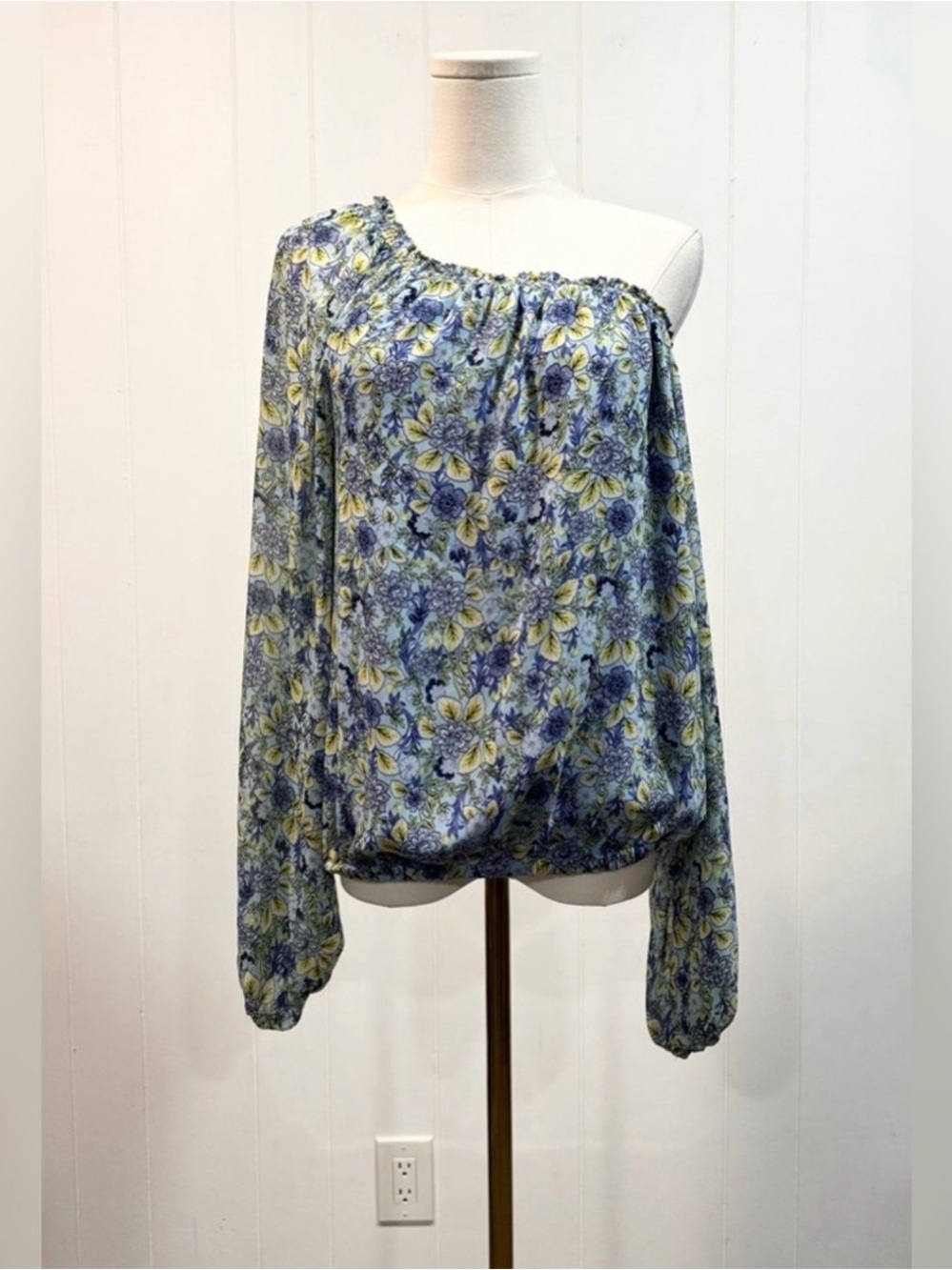 Ramy Brook One-Shoulder Floral Blouse in Blue and Yellow